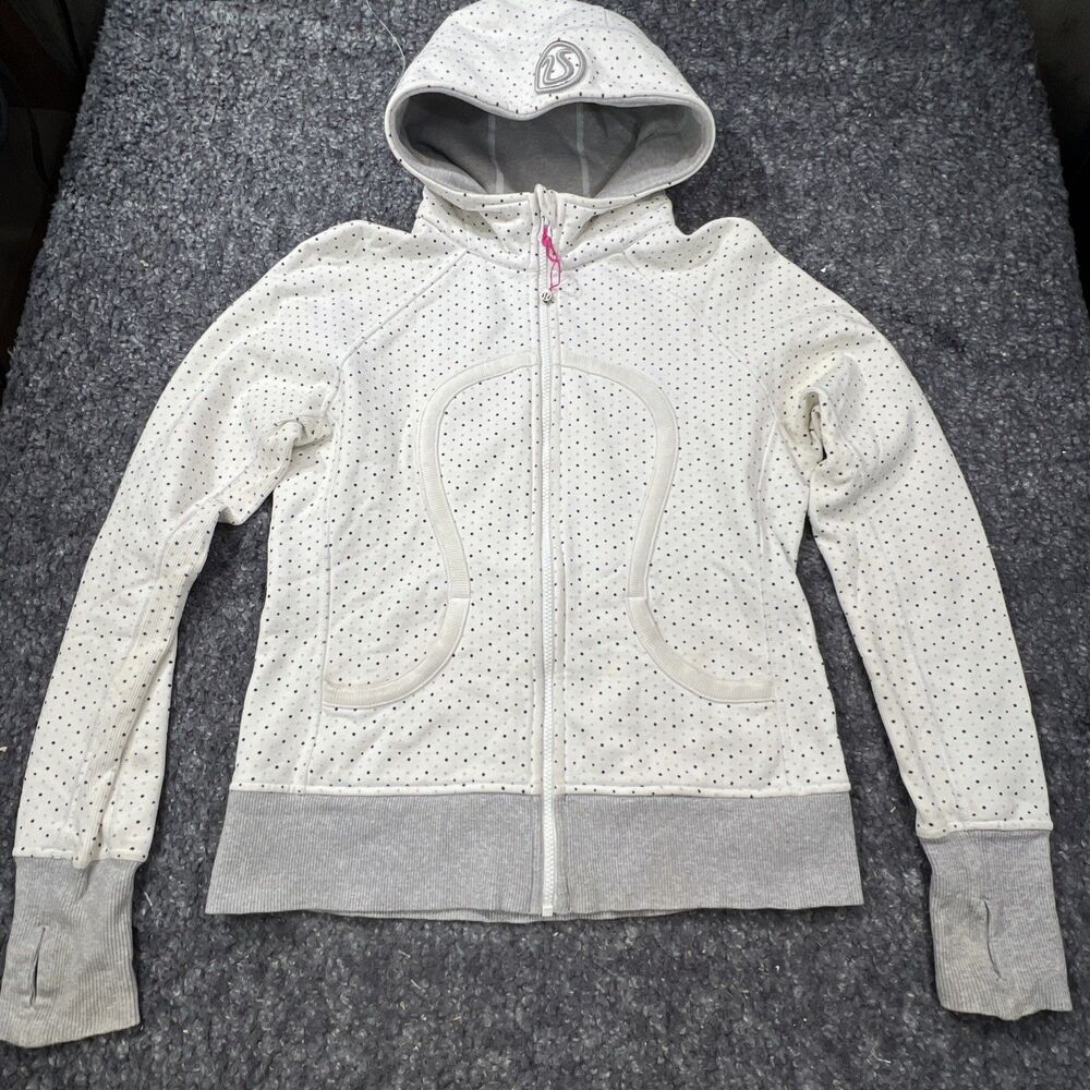 Vintage Lululemon Scuba Hoodie Full Zip White Polka Dot Pattern Women’s Size 10